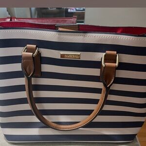 Aldo Navy and Cream Striped Tote with Brown Handles